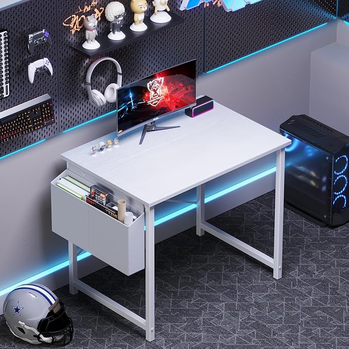 OLIXIS Small Computer Desk, 31 Inch Home Office Desks, Writing Study Craft Work Gaming Table, Computer Workstation for Bedroom Small Spaces with Storage Bag, All White