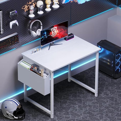 OLIXIS Small Computer Desk, 31 Inch Home Office Desks, Writing Study Craft Work Gaming Table, Computer Workstation for Bedroom Small Spaces with Storage Bag, All White