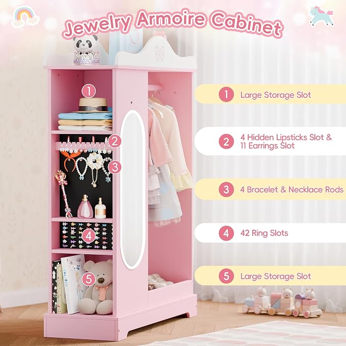 Xilingol Kids Armoire Dress Up Storage with Mirror, Kids Wardrobe Closet with Jewelry Cabinet and Storage Shelves, Open Hanging Armoire Costume Organizer for Bedroom (Pink)