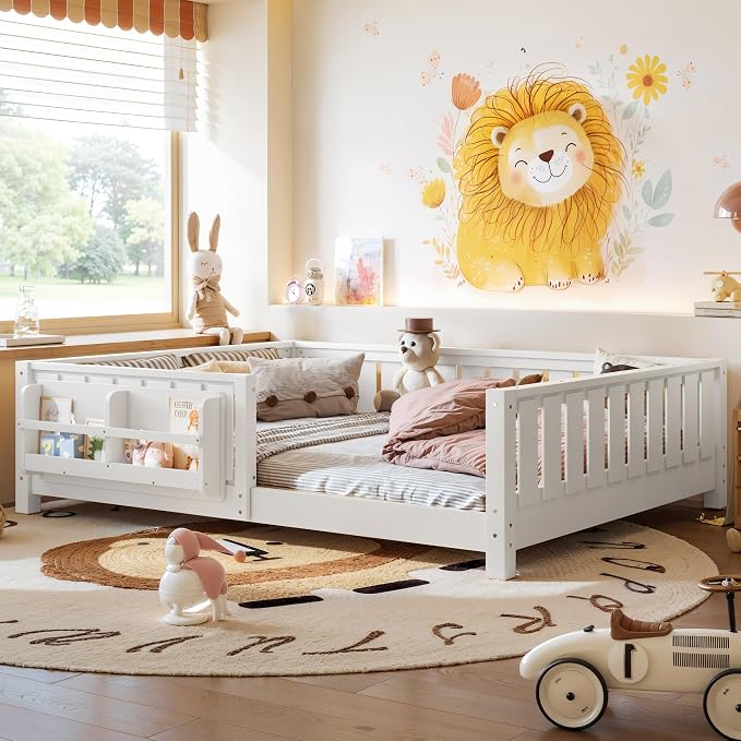 Bellemave Full Size Floor Bed with Slats and Guardrails, Full Size Montessori Floor Bed with Bookcase and Fence, Low Profile Montessori Beds for Kids, White Floor Beds Frame