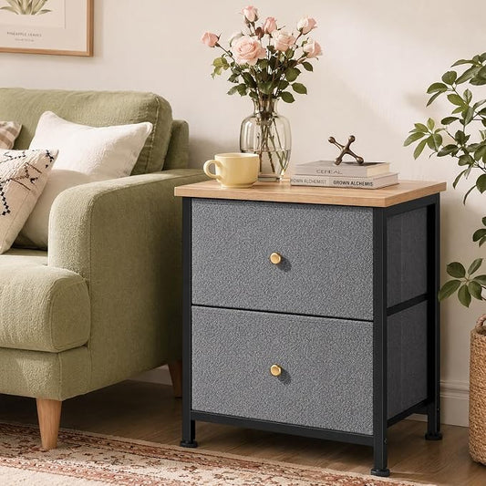 Sweetcrispy Nightstand with 2 Storage Drawers, Small Bedside Table, Blue | 20" Height End Table, Wooden Top Fabric Cabinet for Bedroom, Furniture, Closet, College Dorm