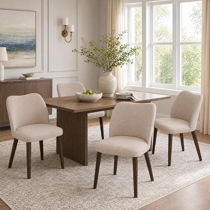 COLAMY Dining Chairs Set of 4, Upholstered Fabric Kitchen Chairs with Curved Back, Padded Seat and Solid Wood Legs, Modern Dining Chair for Kitchen Dining Room, Camel