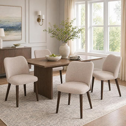COLAMY Dining Chairs Set of 4, Upholstered Fabric Kitchen Chairs with Curved Back, Padded Seat and Solid Wood Legs, Modern Dining Chair for Kitchen Dining Room, Camel