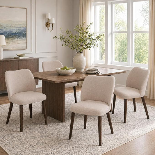 COLAMY Dining Chairs Set of 4, Upholstered Fabric Kitchen Chairs with Curved Back, Padded Seat and Solid Wood Legs, Modern Dining Chair for Kitchen Dining Room, Camel