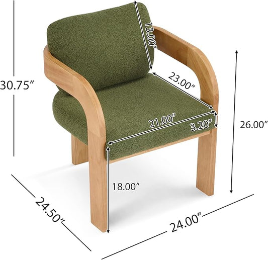 Christopher Knight Home Yorick Modern Boucle Dining Chair Set of 2 with Cushion, Solid Wood Dining Room Armchair Set, Curved Backrest Kitchen Side Chair, Living Room Comfy Extra Seat, Natural+Green
