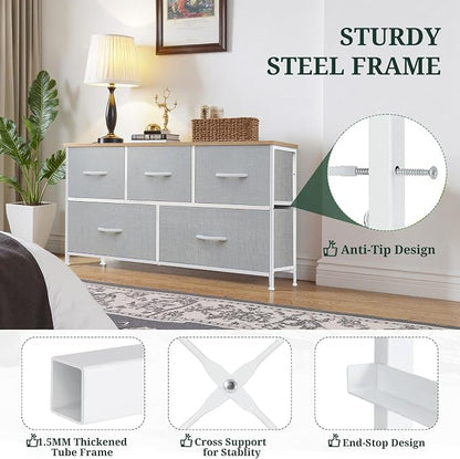 5-Drawer Dresser for Bedroom, Anti-Tip Wide Storage Organizer Fabric Chest of Drawers TV Stand for 45" TV with Wooden Top and Metal Frame for Closet, Living Room, Hallway, Entryway, Light Gray