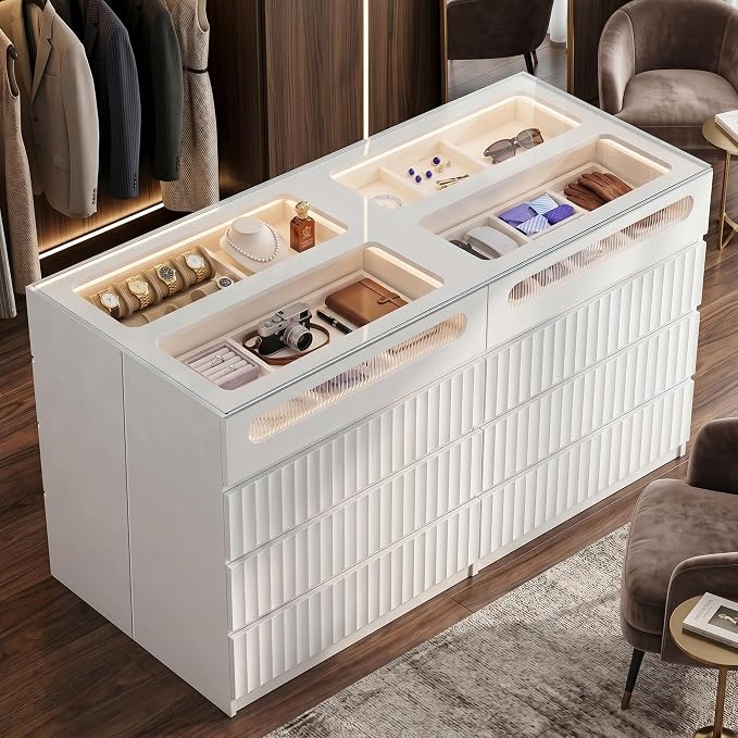 senlin Modern 16 Drawer Wardrobe Armoire with Glass Top LED Lights,Fluted Island Dresser Bedroom Closet Organizer System,Large Clothing Storage Cabinet with Jewelry Tray,Hidden Handles
