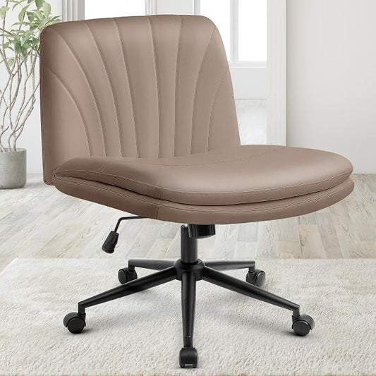 Orange Factory Criss Cross Chair with Wheels Comfy Wide Vanity Desk Chair Dual Base Leather Armless Adjustable Swivel for Home Computer Task (Brown Pu, Faux Leather)