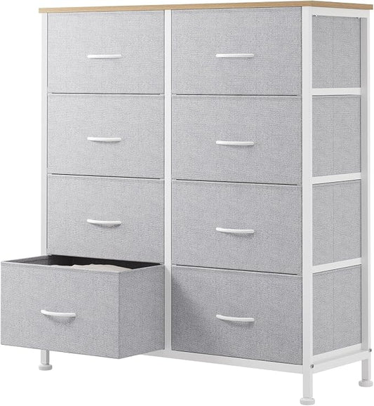 Sweetcrispy 8 Drawer Fabric Dresser for Bedroom, Tall Dresser, Light Grey | Chest of Drawers with Sturdy Steel Frame and Wooden Top, Closet Living Room Storage Organizer with Easy Pull Handles