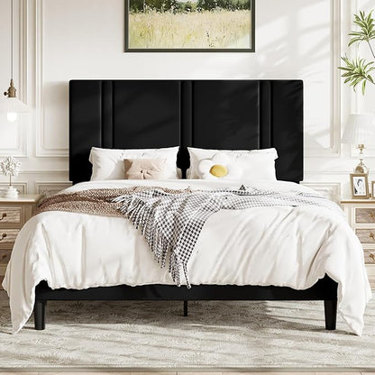 Allewie Full Size Platform Bed Frame with Adjustable Headboard, Plush Velvet Upholstered, Vertical Channel Tufted, Sturdy Wooden Slats, No Box Spring Needed, Easy Assembly, Black