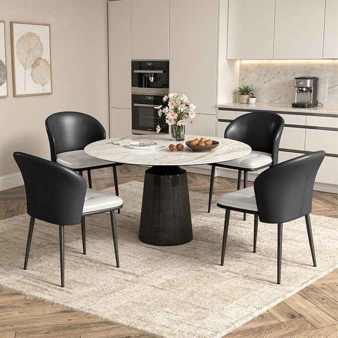 Faux Leather Dining Chairs Set of 4, Curved Back Upholstered Accent Chair, Modern Kitchen Side Chair with Metal Legs for Dining Room, Living Room, Bedroom, Black