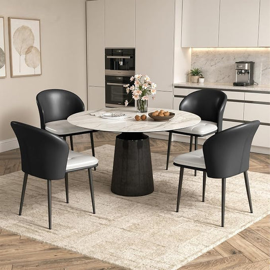 Faux Leather Dining Chairs Set of 4, Curved Back Upholstered Accent Chair, Modern Kitchen Side Chair with Metal Legs for Dining Room, Living Room, Bedroom, Black