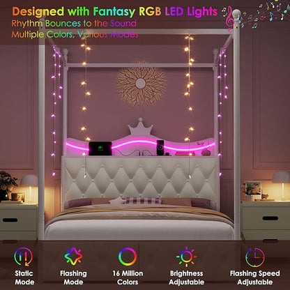 Keyluv Queen Size Upholstered LED Canopy Bed Frame with Charging Station and Drawer, Button Tufted Crown Headboard with Storage Shelf, Two-Purpose Removable Four Poster Design Platform Bed, Beige