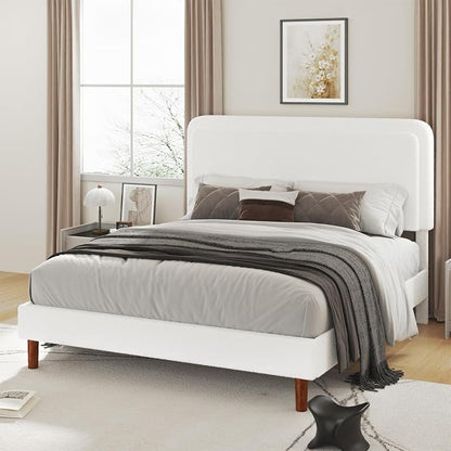 Full Size Boucle Platform Bed Frame with Adjustable Headboard, Upholstered Cloud Bed, Solid Wooden Legs, No Box Spring Needed, Easy Assembly, White
