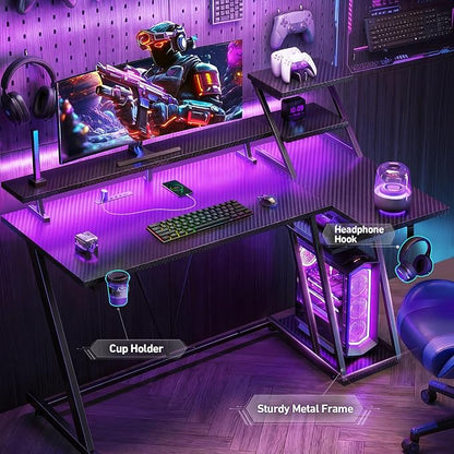 Korfile 47 Inch Gaming Desk with LED Lights & Power Outlet, L Shaped Computer Desk with Storage Shelves, Gamer Workstations with Monitor Stand for Bedroom, Carbon Fiber Black