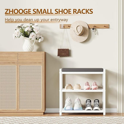 Small Shoe Bench Shoe Rack Storage Bench Entryway Bench Shoe Shelf with Seat Cushion, Stable Shoe Organizer for Entryway, Living Room, Bench Seat Holds Up to 300 lb, (18"L x 12"W x 17"H, White)