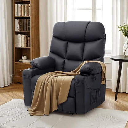 MCombo Power Lift Recliner Chair for Elderly, Electric Lift Chair with Extended Footrest, USB Ports, Cup Holders, Faux Leather 7287 (Black, Medium)