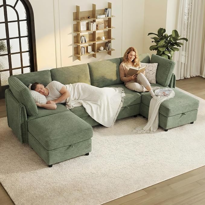 KKL Modular Sectional Couches for Living Room U-Shaped 6 Seater Couch with Storage Ottoman, Convertible L-Shaped Modular Sofa Plush Wide-Wale Corduroy Couch, Apartment, Modern Design, Green