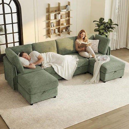 KKL Modular Sectional Couches for Living Room U-Shaped 6 Seater Couch with Storage Ottoman, Convertible L-Shaped Modular Sofa Plush Wide-Wale Corduroy Couch, Apartment, Modern Design, Green