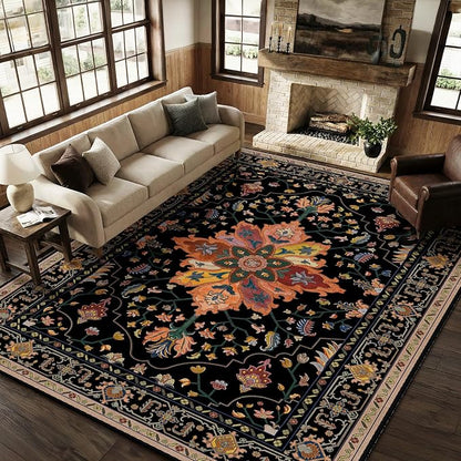 RELEANY Area Rugs Large 9'x12' Washable Non-Slip, Floral Vintage Distress Medallion Carpet for Living Room Bedroom Dining Room, Black Colorful Floral Dark Tan