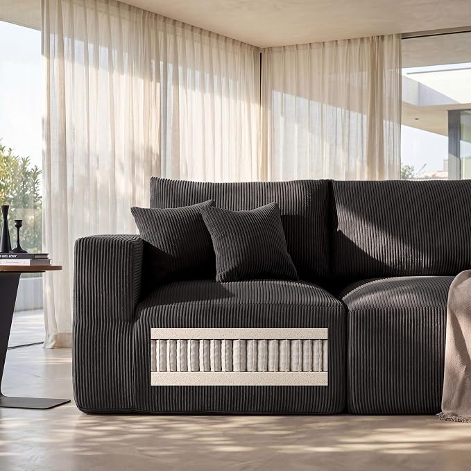 Living&Giving 115" Modular Cloud Boneless Couch, U Shaped Sectional Sofa with Chaise, Corduroy Floor Couch for Living Room, High-Density Foam & Firm Lumbar Support for Apartment, Black