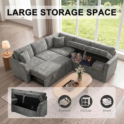 ROCANT 82 inch Modular Sectional Couch with Pull Out Bed, 5-Seat L-Shaped Chenille Sleeper Sofa with Reversible Chaise and 2 Pillows, Grey