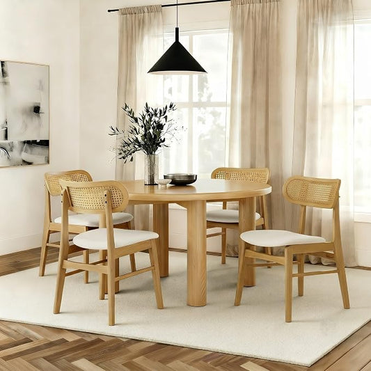 KISLOT Rattan Dining Chairs Set of 4, Upholstered Modern Dining Room Chairs, Mid Century Oak Wood Kitchen Chairs with Rattan Backrest for Farmhouse, Restaurant, Café (Cream Fabric & Original Color)