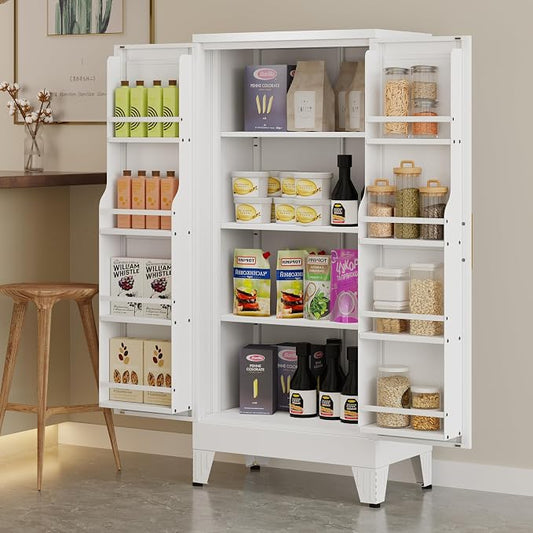 winiowa Metal Kitchen Pantry Storage Cabinet, Pantry Cabinet with Doors and Adjustable Shelves, Steel Storage Cabinet for Kitchen, Dining Room, Living Room-White