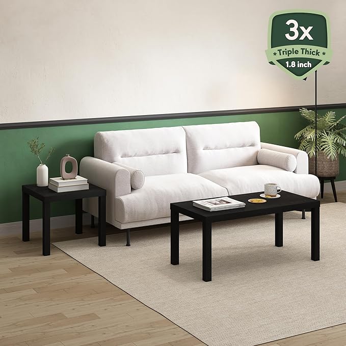 Furinno CLASSIC Coffee Table, Modern Rectangle Printer Stand, Black | 1.8" Triple Thick Tabletop, Toolless Assembly, Side Table, for Living Room, Home Office