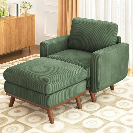 Vesgantti 38.5" Accent Chair with Movable Ottoman, Comfy Corduroy Armchair with Spring Cushion, Reading Chair with Ottoman, Modern Single Sofa for Living Room, Bedroom and Apartment, Green