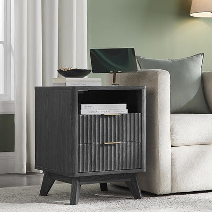 T4TREAM Fluted Nightstand Set of 2 with Charging Station, 18" Modern Side Table, 2 Drawers End Table with Storage, Bedside for Bedroom, Living Room, Curved Profile Design, Dark Alder