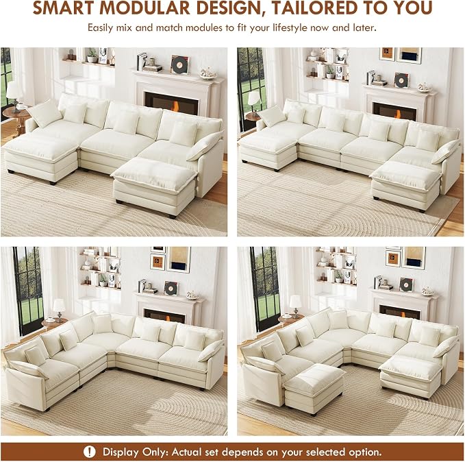 WorthFurni 114” Oversized Modular Sectional Sofa, 7-Seater V Shaped Cloud Couch Set, Comfy Chenille Deep Seat Couches with 2 Movable Ottomans, DIY Combination for Living Room (Beige)