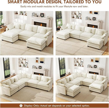 WorthFurni 114” Oversized Modular Sectional Sofa, 7-Seater V Shaped Cloud Couch Set, Comfy Chenille Deep Seat Couches with 2 Movable Ottomans, DIY Combination for Living Room (Beige)