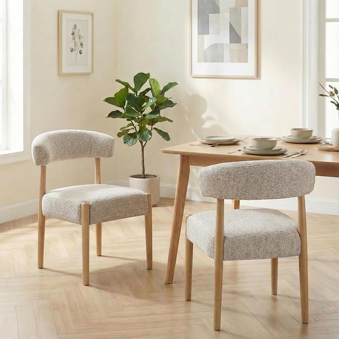 VKNOW Wooden Dining Chairs Set of 6 with Curved Open Back, Brown | Natural Rubberwood Legs, Soft Chenille Fabric, Thickened Cushion, For Adults and Family, Dining Room, Kitchen, No Wobble