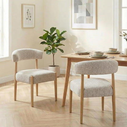 VKNOW Wooden Dining Chairs Set of 6 with Curved Open Back, Brown | Natural Rubberwood Legs, Soft Chenille Fabric, Thickened Cushion, For Adults and Family, Dining Room, Kitchen, No Wobble