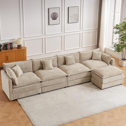 Modular Sectional Sofa, 147.2 Inch L Shaped Couch Set with Armrests, 4-Seater Comfy Cloud Couches with Movable Ottoman for Living Room Apartment, Coffee