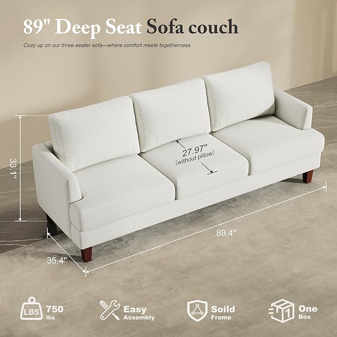 Busaurus 3 Seater Sofa Couch with Deep Seats, 89" Mid Century Modern Upholstered Sofa, Comfy Sofas with Armrests, Couches for Living Room, Bedroom, Apartment and Office (Beige)