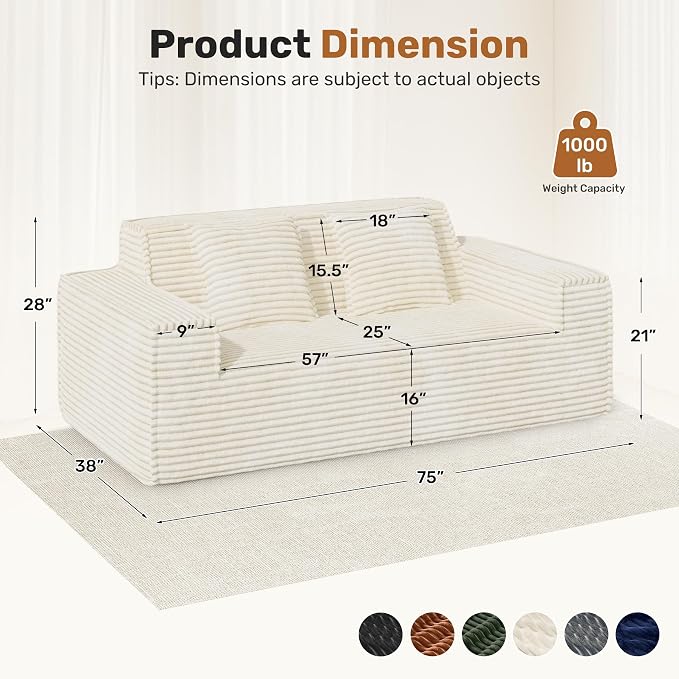 75'' Modern Cloud Loveseat Sofa Set of 2, No Assembly Required Comfy Deep Seat Couches 2 pcs for Living Room, Bedroom, Apartment (Corduroy-Beige)