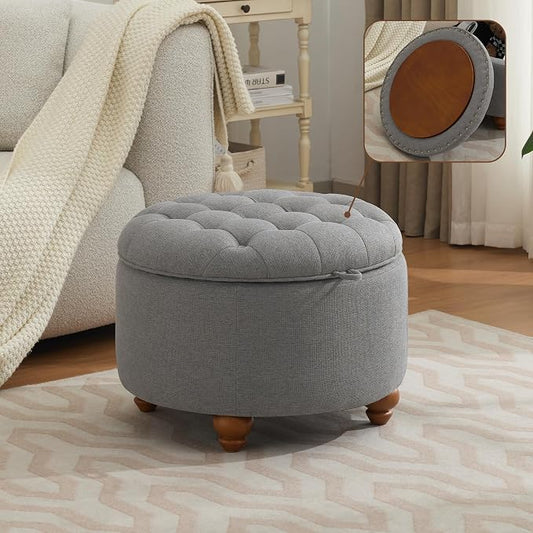 WUTUTUEE 24Inch Round Storage Ottoman with Tray, Modern Tufted Fabric Circle Coffee Table with Storage, Upholstered Ottoman with Removable Top for Living Room, Bedroom, Light Grey