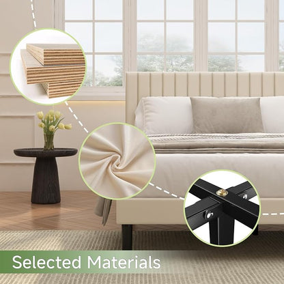 Queen Size Platform Bed Frame with Vertical Channel Tufted Headboard, No Box Spring Needed, Noise-Free, Easy Assembly, Beige Velvet