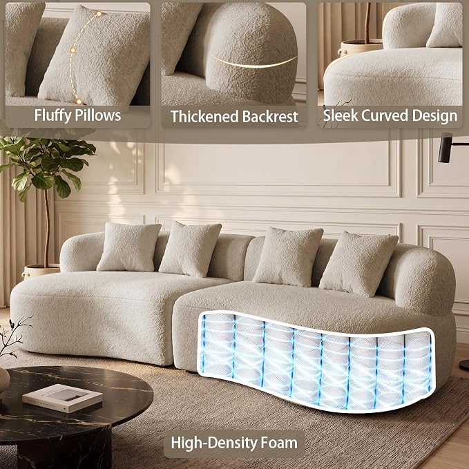 113" Curved Sectional Sofa Modern Cream Cloud Couch Modular Sectional Couches for Living Room Boneless Cloud Sofa Boucle Loveseat Comfy Chenille Deep Seat with 4 Pillows, Light Brown