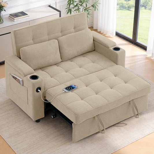 Korser 55.5'' 3-in-1 Convertible Sofa Bed, Pull Out Couch with 5-Position Adjustable Backrest, Loveseat Sleeper Sofa for Small Spaces, Sofa Couch with Cup Holders for Living Room, Office, Chenille