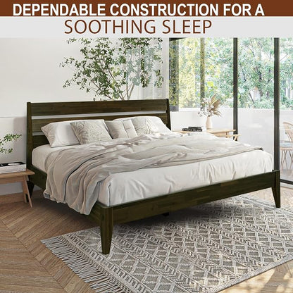 Acacia Emery Bed Frame with Headboard Solid Wood Platform Bed, King Size Bed Frame, Mid - Century Modern Wood Bed Compatible with All Mattresses, Easy Assembly, Non-Slip (Mocha, King)