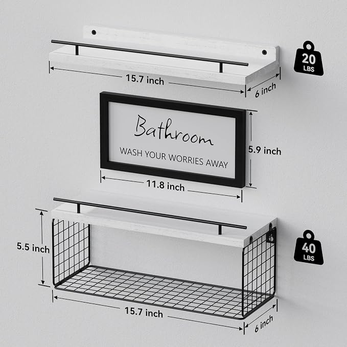 WOPITUES Floating Shelves for Wall Decor Sign, Bathroom Organizer and Storage, Bathroom Shelves Over Toilet with Metal Guardrail-Modern White