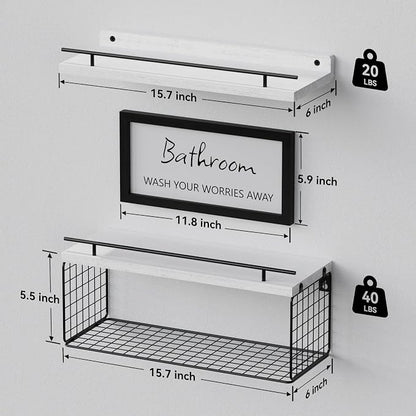 WOPITUES Floating Shelves for Wall Decor Sign, Bathroom Organizer and Storage, Bathroom Shelves Over Toilet with Metal Guardrail-Modern White