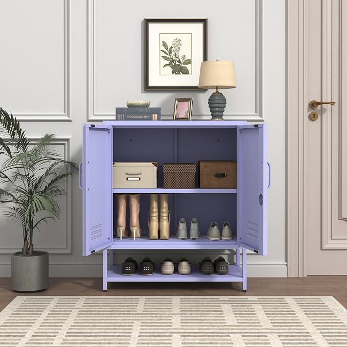 Wide 3-Tier Metal Shoe Storage Cabinet, Multifunctional Household Shoe Organizer with Adjustable Shelves for Home & Entryway Purple 33" H X 29.5" W X 13.8" D