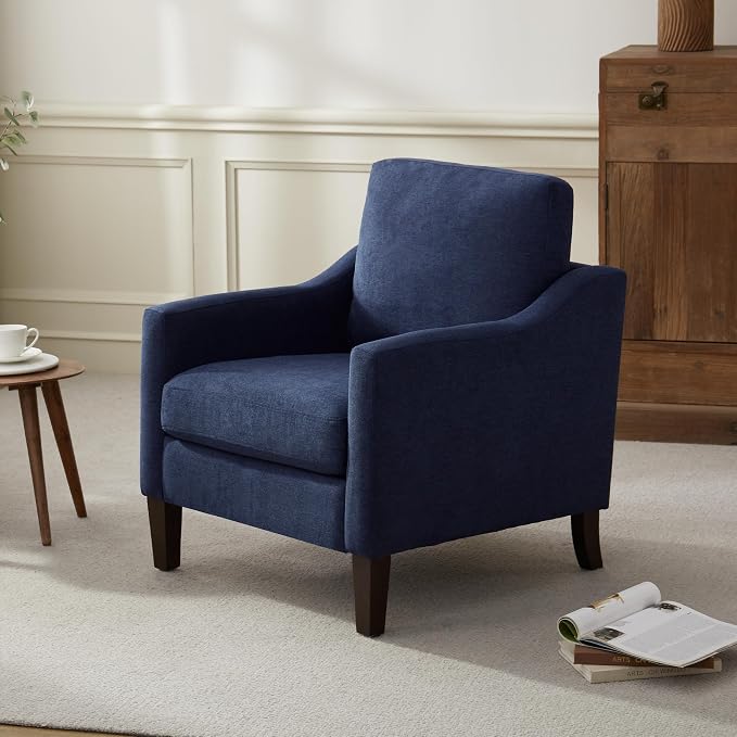 VKNOW Mid Century Modern Accent Chair, Upholstered Living Room Chairs Armchair for Bedroom, Comfy Reading Accent Chairs with Wood Legs for Living Room (1, Navy Blue)