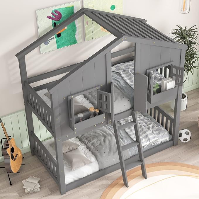 GDFStudio Twin Over Twin House Bunk Bed with Roof,Windows,Door,Window Boxes,Safety Guardrails & Ladder,Pine Wood Frame,Low-Height Kids Bunk Beds for Bedrooms,Playful Loft Bed with Easy Assembly, Grey