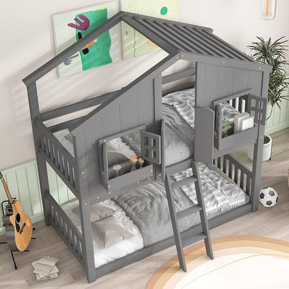 GDFStudio Twin Over Twin House Bunk Bed with Roof,Windows,Door,Window Boxes,Safety Guardrails & Ladder,Pine Wood Frame,Low-Height Kids Bunk Beds for Bedrooms,Playful Loft Bed with Easy Assembly, Grey
