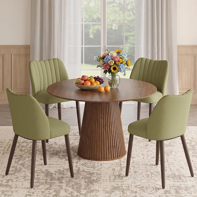 Upholstered Dining Chairs Set of 4, Modern Fabric Dining Chairs with Curved Backrest & Solid Rubber Wood Legs, Padded Kitchen Dining Room Chairs for Restaurant Cafe, Green
